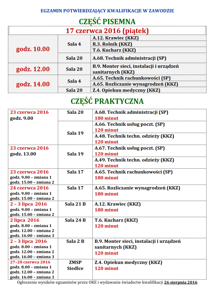 HARMONOGRAM EGZAMINÓW POTWIERDZAJĄCYCH KWALIFIKACJE W ZAWODZIE